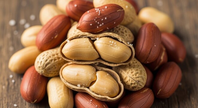 Pile of Fresh Roasted Peanuts on Wooden Surface.