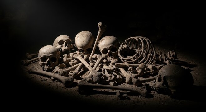 Pile of Human Bones - A Macabre Still Life in Dark Light.