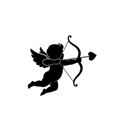 Fototapeta premium A cherub flies while aiming a bow and arrow with a heart shaped tip.