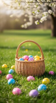 Happy easter eggs in a woven basket on green grass with blooming tree