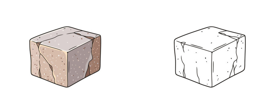 Quartzite stone cube vector illustrations shown in colored cartoon and black outline linear styles, beige and light grey mineral tones, representing natural rock on white background