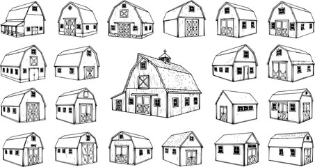 Fototapeta premium Detailed hand-drawn collection of barns in various architectural styles. Black and white sketch illustrations of farm buildings for agriculture, countryside, and rural design.