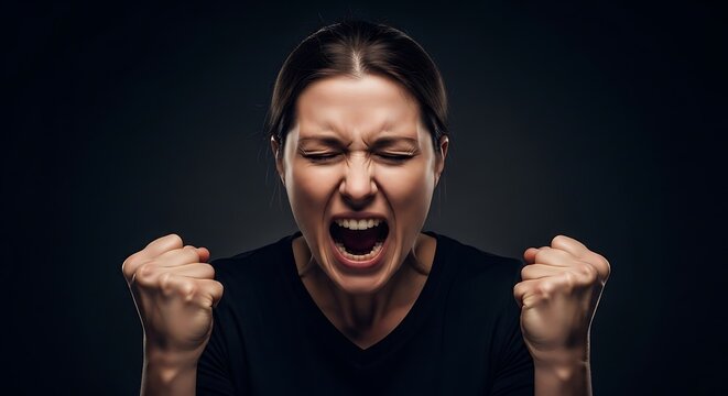 Woman screaming with fists clenched in anger and frustration against a dark background