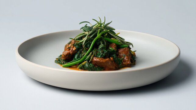 Georgian Herb-Braised Lamb Dish Served With Tarragon and Greens on a White Plate