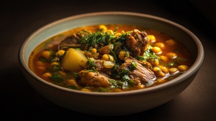 Fototapeta premium Lamb and Chickpea Soup With Potatoes, Tomatoes, and Herbs Served in a Bowl