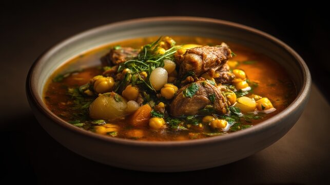 A Bowl Holds Warm Bozbash Soup With Lamb, Chickpeas, Potatoes, and Herbs