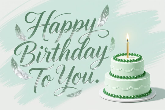 A digital illustration of a three-tiered mint green cake with green beads and a lit candle, accompanied by a happy birthday to you message in elegant cursive script.