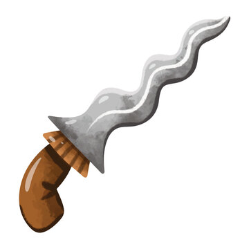 Kris or keris vector illustration, hand drawn watercolor painting style, traditional indonesian kris dagger weapon with curved blade cultural heritage illustration