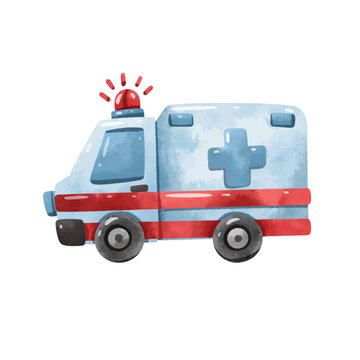 Ambulance vector illustration, hand drawn watercolor painting style, ambulance clip art, ambulance emergency medical vehicle transport healthcare rescue service illustration