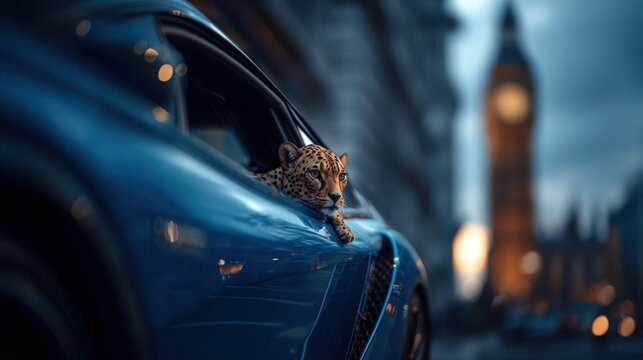 Cheetah Sits Behind Wheel of McLaren 720S With Big Ben in Background at Dusk