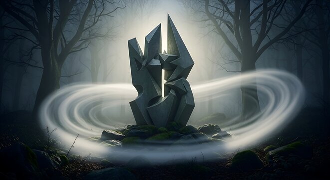 Mystical Crystal Monolith in Foggy Forest with Ethereal Energy Swirls