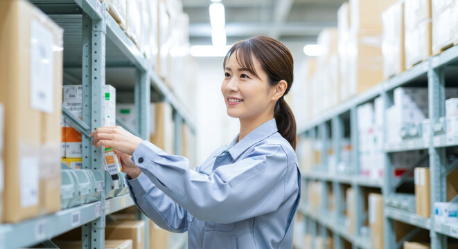 物流倉庫で働く女性スタッフ：商品在庫管理