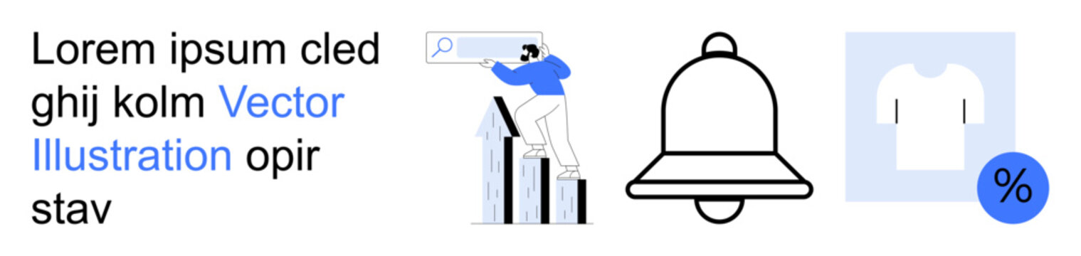 Business growth, notifications, e-commerce, marketing strategies, digital interaction, shopping. Man climbing bar chart, bell notification shirt with discount icon. Business growth and notifications