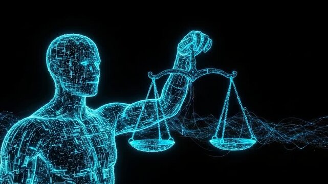 Futuristic Humanoid Figure Holding Scales Rendered In Glowing Blue Lines Against Black Background Ai Justice Usable For Tech Legal Ethics Themes
