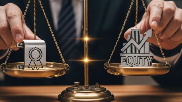 Professional hands of a discerning businessman meticulously adjusting an elegant vintage brass balance scale, comparing a gleaming silver certificate emblem symbolizing quality and achievement on one