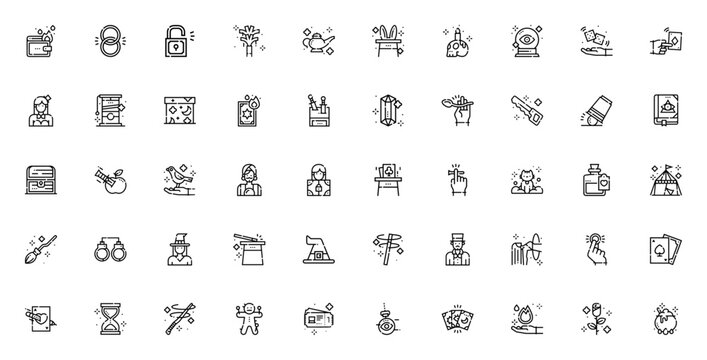 Magic icon set. Vector illustration pack featuring wallet, wedding ring, padlock, magic lamp, skull, tarot cards, witch hat, wand, spell book, cauldron and more mystical symbols.