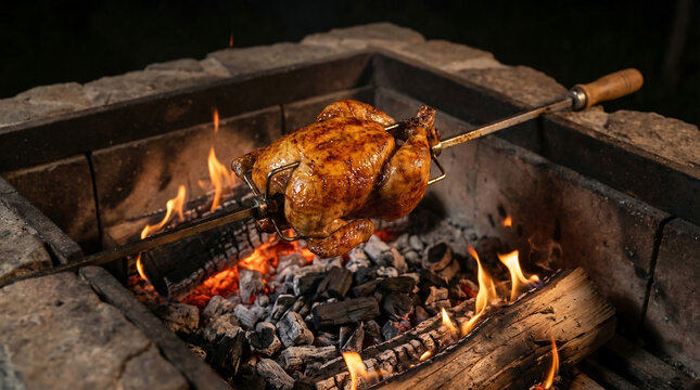 Golden brown chicken expertly roasting on a spit over a crackling wood fire outdoors