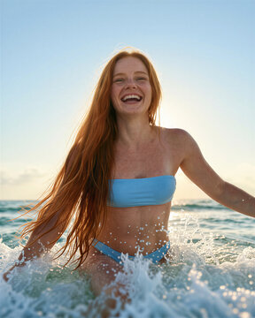 Woman with long red hair wearing light blue bikini standing in ocean waves with clear blue sky and sea in the background, smiling broadly with teeth showing.
