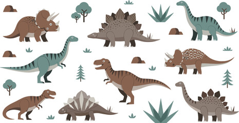 Cute Dinosaur Cartoon Vector Set with Triceratops Stegosaurus Tyrannosaurus Ankylosaurus Brachiosaurus and Prehistoric Plants for Kids Education Illustration Collection Design © Rownok