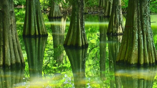 まるでジブリの世界。水面に映る新緑のラクウショウ林
「水の中から生え出たような巨木が織りなす、異世界のような絶景。」
福岡県篠栗町「篠栗九大の森（水辺の森）」
Like something out of a Ghibli film. A lush green bald cypress forest reflected on the water's surface.