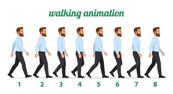 Professional character walking animation sprite sheet featuring a businessman in eight sequential frames isolated on white background for game design and motion graphics.