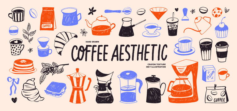 Hand drawn doodle sketch coffee clipart. Vintage brush or crayon drawn coffee cup, french press, and filter. Italian brunch and breakfast sketch ink illustration. Pastel colored Italian style clipart.