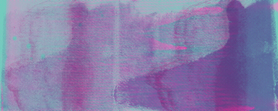 Purple pink risograph texture background with linocut print effect. Hand drawn urban bg with halftone distress overlay print. Blue turquoise glitch graphic abstract wallpaper.