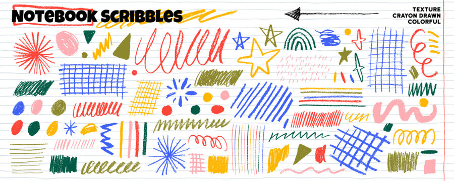 Colorful crayon drawn scribbles and pencil scratches for notes and childish design. Hand drawn grid, star, crosshatch and squiggles. Pencil texture doodles, naive crayon strokes, messy scribble lines.