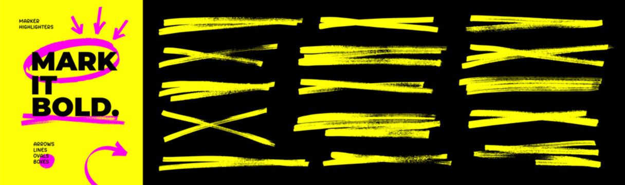 Yellow bold marker underline and strikethrough collection. Hand drawn vector scribble bold straight strokes and cross marker lines. Brush pen lines for underline and emphasis text.