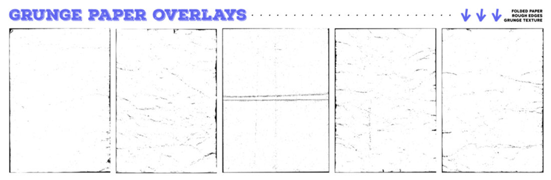 Old paper photocopy overlay texture set. Hand drawn grungy worn edge frames with old noise borders. Hand drawn vector dust background with dark rough borders. Overlay cover templates.