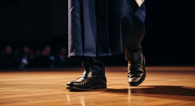 Close-up of a person in black loafers and dark trousers walking on a polished wooden floor