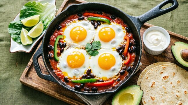 Delicious huevos rancheros with fried eggs, black beans, bell peppers in tomato sauce served in cast iron skillet, garnished with fresh cilantro, lime wedges, avocado and tortillas on rustic wooden bo
