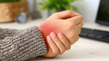 Fototapeta premium Wrist Pain and Inflammation: Close-Up of Hand Experiencing Discomfort and Redness Indicating Potential Injury