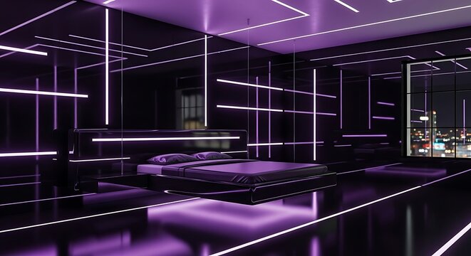 A futuristic bedroom with a purple and black color scheme and neon lights