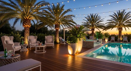 Obraz premium A serene poolside setting at dusk with lounge chairs and palm trees illuminated by string lights