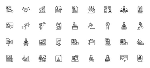 Obraz premium Politic icon set. Vector illustration pack featuring vote, handshake, law, justice, politician, speech, document, and more. Editable stroke.