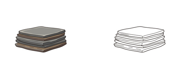 Fototapeta premium Shale layered stone vector illustrations shown in colored cartoon and black outline linear styles, iridescent white and dark grey mineral tones, representing natural rock specimens on white background