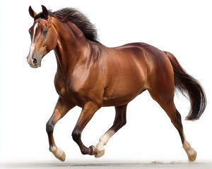 Obraz premium Majestic Chestnut Horse Galloping Freely, Embodying Strength, Agility, and Elegance Against a Clean White Background, Ideal for Equestrian and Animal Themes