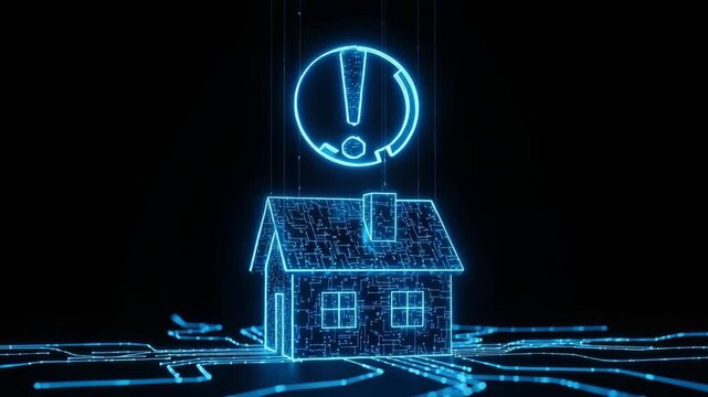 Glowing Digital House With Exclamation Point Symbol Above It Against Black Backdrop Warning About Smart Home Technology Security For Tech Articles