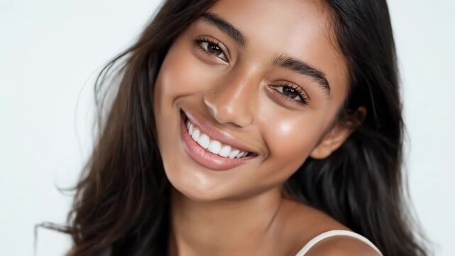 Close-up portrait of a gorgeous Indian woman with a perfect white radiant smile. Dental clinic, teeth whitening, veneers, and healthy teeth concept. Isolated on white background.