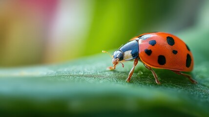 Fototapeta premium Close-up of a Vibrant Ladybug Resting on a Lush Green Leaf in Natural Light