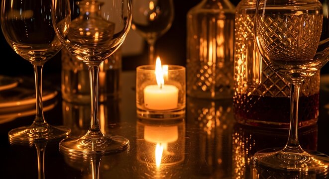 Warm candlelight illuminates elegant wine glasses and decanters on a reflective surface