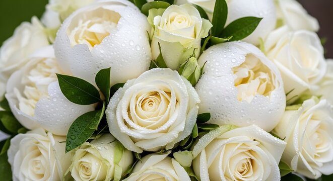 Close-up of a lush bouquet of white roses and peonies adorned with fresh water droplets
