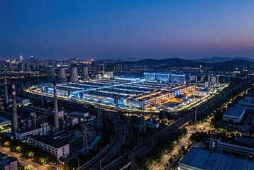 Fototapeta premium Panoramic View of a Large Industrial Zone at Dusk with AI Data Center Complex Lights