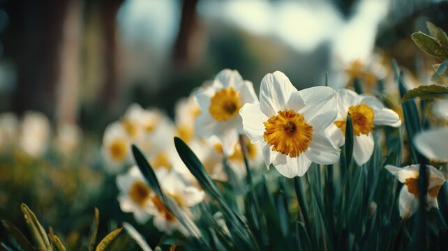Vibrant Daffodils Bloom in Spring Sunlight: A Captivating Floral Display of Nature's Beauty and Renewal