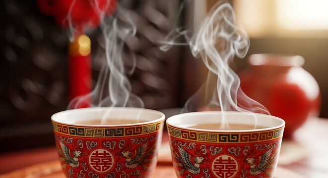 Two steaming cups of tea with traditional Chinese phoenix and double happiness symbols