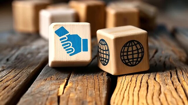 Global business partnership wooden blocks, handshake and globe icons, international cooperation symbol, strategic alliances concept, worldwide collaboration, cross-border synergy,