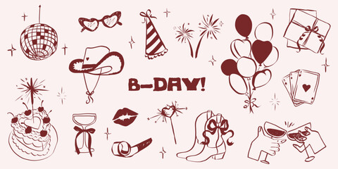 Birthday celebration doodle set with party hats, gifts and champagne. Hand sketched festive icons perfect for greeting cards, vintage invitations and fun event designs. Outline whimsical symbols © Olga Rai