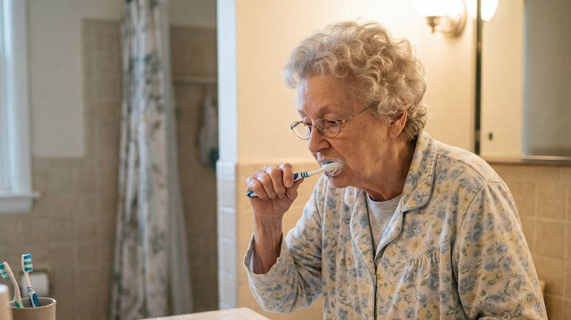 Elderly woman brushing teeth in bathroom while wearing pajamas  