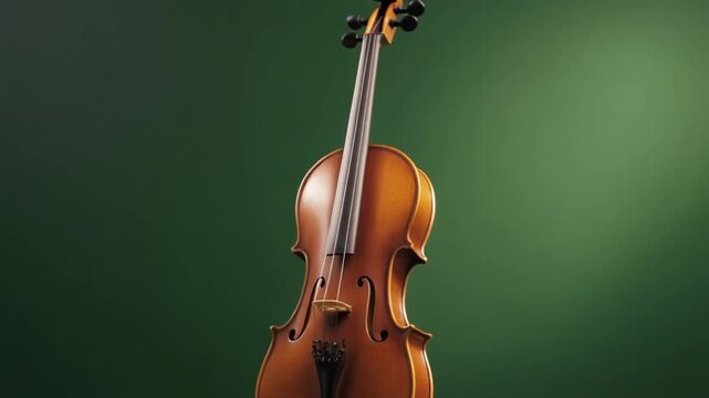 Close-up view of classical wooden violin as primary focus on round platform against solid green background highlighting elegant curves fine grain and traditional string instrument craftsmanship